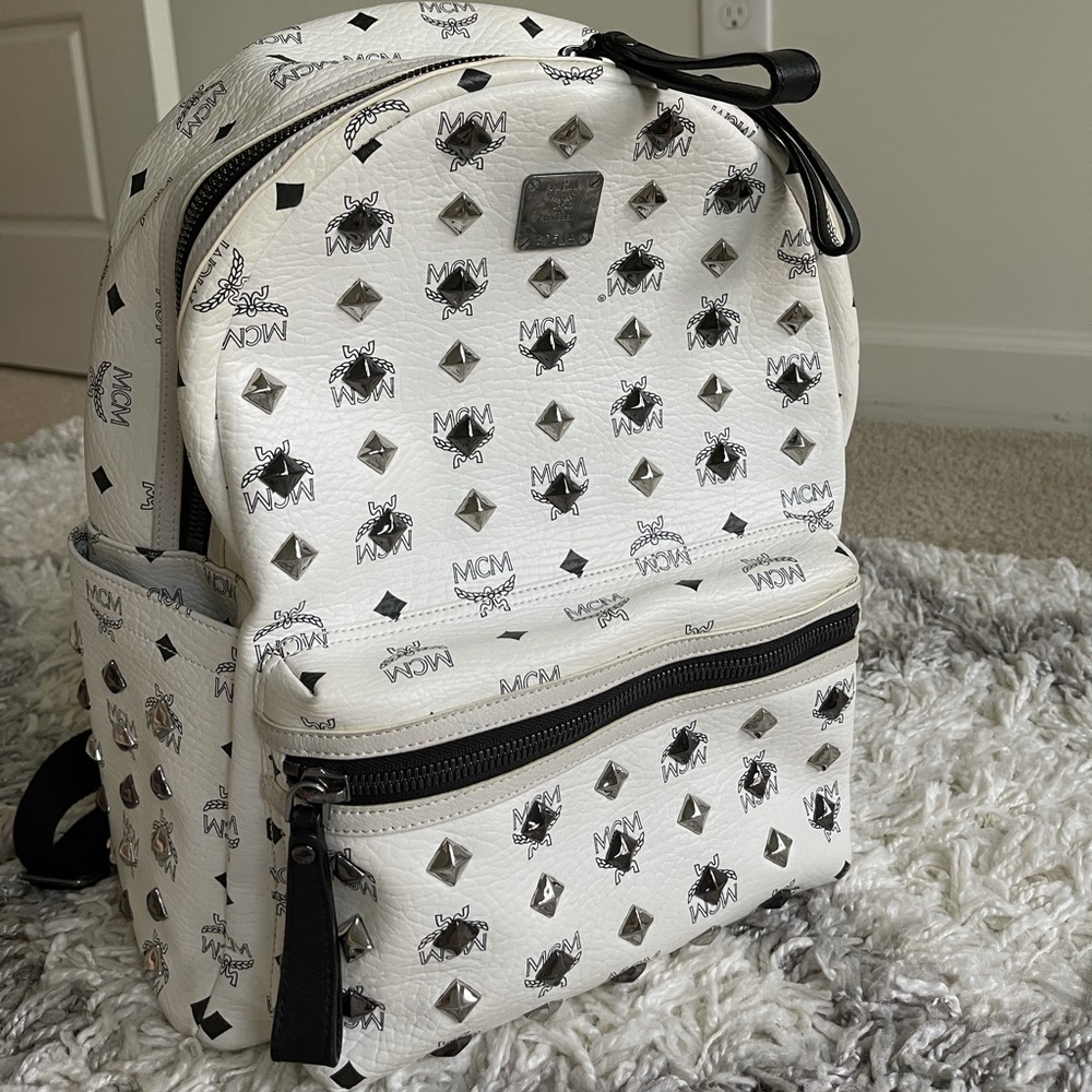 MCM White Logo Studded Leather Mini Backpack - Picture 2 of 6